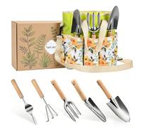 Set di 5 Attrezzi da Giardino con Borsa a Fiori, Attrezzi da Giardino in Acciaio Inossidabile con Manici in Legno, Regali di Giardinaggio per Donne, Uomini, Giardinieri