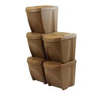 Set di 5 bidoni cestini SortiBox impilabili raccolta differenziata in plastica ECO con 33% legno 125 litri (5x25L) da riciclaggio Natura marrone pattumiera per interni casa da cucina