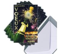 Set di 5 biglietti migliori auguri per il nuovo anno in oro dorato lucido + 5 buste bianche formato 14 x 9 cm, apertura bottiglia champagne, spumeggiante, tappo bolle, fuochi d'artificio luccicanti