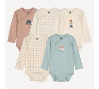 Set di 5 body con incrocio a maniche lunghe, in cotone, con motivi a tema animali e a quadri Blu 0 mesi - 50 cm Fantasia