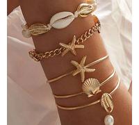 Set di 5 braccialetti con ciondoli in perle intrecciate, conchiglie e stelle marine, stile bohémien estivo alla moda, adatto per ragazze, stile spiaggia e street quotidiano Tagli UnicaLega di zinco