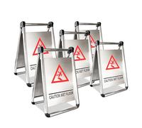 Set di 5 cartelli di avvertimento per pavimenti bagnati, in acciaio inox, colore giallo, con scritta in inglese "Caution Wet Floor", segnaletica pieghevole per pavimenti scivolosi, autoportante, per