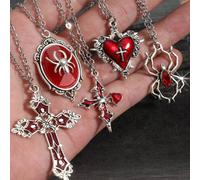 Set di 5 collane pendenti in stile gotico punk rock vintage Y2K, con ragno, croce con gemma rossa, ragno con strass rossi, rosa spinosa, croce che si scioglie, catena in acciaio inossidabile, stile hi