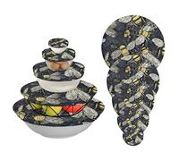 Set di 5 copriciotola elastica in tessuto di stoffa con api gialle vintage su grigio nero e grigio