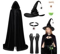 Set di 5 costumi da strega per Halloween, con cappuccio e cappello da strega, guanti lunghi e accessori gotici, bottiglia magica, 140 cm, mantello da strega, colore nero, per Halloween, Carnevale