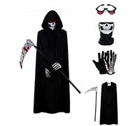 Set di 5 costumi di Halloween da triste mietitore, costume per adulti e bambini, scheletro mietitore con mantello nero, accessori per cosplay per feste di Halloween (adulto, 140 cm)