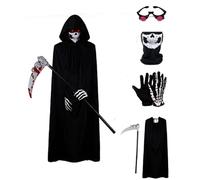 Set di 5 costumi di Halloween da triste mietitore, costume per adulti e bambini, scheletro mietitore con mantello nero, accessori per cosplay, feste di Halloween (bambini, 90 cm)