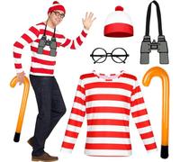 Set di 5 costumi Wally per adulti, accessori per cosplay, con maglietta a righe rosse e bianche, berretto, occhiali senza cornice, stampelle, per la Giornata mondiale del libro, Halloween, Natale