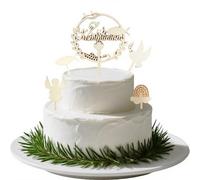 Set di 5 decorazioni per torta di battesimo in legno per bambini e bambine: arcobaleno, angelo, colomba della pace, libro con croce e cappello.