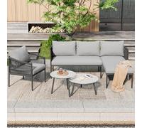Set di 5 divani angolari a forma di L, per 3-4 persone, con 2 tavolini e cuscini, per esterni, in tubo di acciaio zincato, resistente alle intemperie, per terrazza, balcone, giardino (grigio)
