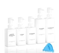 Set di 5 flaconi di shampoo riutilizzabili, da riempire, 3 x 300 ml + 2 x 500 ml, colore bianco, con dispenser a pompa, etichette e imbuto per bagni e cucina, gel doccia