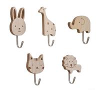 Set di 5 ganci funzionali in legno per animali con giraffa, elefante, leone, coniglio, gatto, per installazione a parete o porta