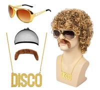 Set di 5 parrucche da uomo con collana con barba e occhiali, anni '70 anni '80 Disco Dude Dirt Bag Parrucca Hippie Uomo Costume anni '80 Accessori per Carnevale Cosplay e festival