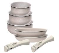 Set di 5 pezzi: 2 padelle Ø24Ø28cm e 3 pentole Ø16Ø18Ø20cm in alluminio pressato con rivestimento ILAG con 2 manici estraibili