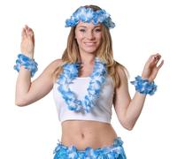 Set di 5 pezzi blu hawaiano fiore Lei set - 1 x collana fiore Lei, 1 x fascia floreale e 2 x braccialetti con fiori, perfetto per l'estate e costume hawaiano - Confezione da 6