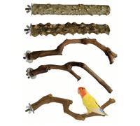 Set di 5 pezzi di trespoli per uccelli, supporto per pappagalli, 3 trespoli in legno di vite, 2 supporti, forchetta per la pulizia degli artigli, bastoncino per masticare per pappagallini tigre, ramo 