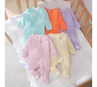 Set di 5 pezzi di tutine con cerniera, in cotone morbido e dai colori pastello, per neonati, adatto per l'uso domestico 6-9M,0-1M,1-3M,3-6MColore unicoTessuto