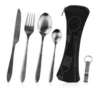 Set di 5 posate da campeggio portatile, posate da viaggio, posate da campeggio, posate in acciaio inox con tasca in neoprene, ideale per viaggi, ufficio e campeggio (nero)