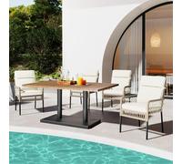 Set di 5 sedie e tavolo da pranzo da esterno per 4 persone, piano in legno di acacia massiccio, sedie con avvolgimento in rattan PE per pasti nel cortile e sul (bianco e legno)