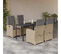 Set di 5 sedie regolabili da giardino, cuscino in polyrattan beige, tavolo in vetro, per terrazza, balcone, giardino, set di mobili da esterno