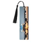 Set di 5 segnalibri artistici con aeroplano nella luce della sera, da donna, con nappa, in legno, per studio