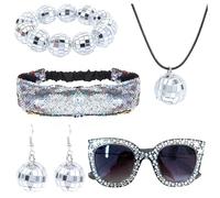 Set di 5 sfere da discoteca anni '70, accessori da discoteca, con bracciale, fascia e occhiali da sole - paillettes glitter da donna per feste 70s, discoteca e festival