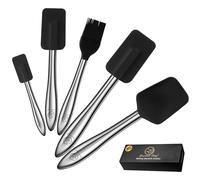 Set di 5 spatole cucina in silicone con manici in acciaio inossidabile | Spatola silicone resistente al calore con mestoli e pennello da cucina per cucinare e cuocere al forno (Nero)
