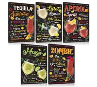 Set di 5 targhe in metallo retrò cocktail 20 x 30 cm - Lillet Lemon Tequila Zombie Hugo - targa vintage in metallo decorazione da parete regalo per cocktail bar pub cantina bar lounge pub cucina