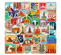 Set di 50 adesivi di famose città del mondo con attrazioni turistiche, vintage, in vinile, impermeabili