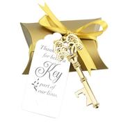 Set di 50 apribottiglie a forma di chiave vintage, bomboniera regalo per gli ospiti con biglietto di ringraziamento, scatola a cuscinetto e nastro di raso (oro)