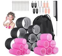 Set di 50 bigodini per capelli, auto-aderenti, per capelli lunghi, medi e corti, 4 misure di rotoli per capelli (6 Jumbo + 6 grandi + 6 medi + 6 piccoli + 1 borsa per il trasporto) e 24 fermagli per