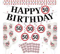 Set di 50 decorazioni per compleanno, 50 palloncini Happy Birthday, colore rosso e bianco, con palloncini, ghirlanda, adesivi, stelle filanti, per uomini e donne, 50 anni, decorazione di compleanno