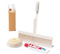 Set di 50 kit igienici essenziali in confezione da 50 pezzi con spazzolino da denti, dentifricio, pettine e sapone, realizzato in canna di grano e presentato in scatola singola di design Kraft