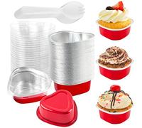 Set di 50 tortiere a forma di cuore con coperchio, in alluminio, mini teglie usa e getta, a forma di cuore e 50 misurini per torte per compleanno, matrimonio, San Valentino, festa dei bambini (55 ml)
