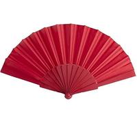Set di 50 ventagli di aste in plastica e tessuto in poliestere di colore rosso. Presentato in scatola singola. Ventagli economici per matrimoni