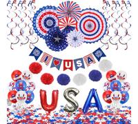 Set di 59 decorazioni per il giorno dell'indipendenza del 4 luglio, decorazione patriottica, colore rosso, bianco, blu, carta americana, ventagli con bandiera americana, nastro commemorativo per