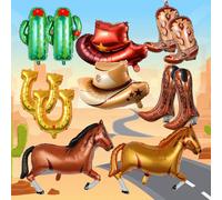 Set di 6/12 palloncini a tema western, include palloncini a forma di cavallo, cappelli da cowboy marrone, stivali, palloncini a forma di cactus, palloncini foil a forma di ferro di cavallo, adatti per