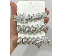 Set di 6/18 orecchini a cerchio in argento con forme di stelle marine, conchiglie, conchiglie, fiori a 5 petali, gocce d'acqua lisce, adatti per viaggi, abbigliamento da spiaggia e accessori da spiagg