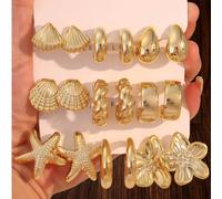 Set di 6-18 orecchini a forma di C lisci da donna in oro con fiori a cinque petali/conchiglie/stelle marine/gocce d'acqua, adatti per feste di moda, viaggi, vacanze, regali di fidanzamento e varie occ