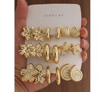 Set di 6/18 orecchini alla moda personalizzati ed eleganti con fiori a cinque petali, stelle marine, conchiglie, conchiglie e texture geometriche, in metallo dorato, adatti per feste, banchetti, viagg