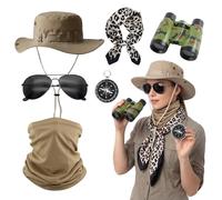 Set di 6 accessori per costume da esploratore safari per adulti, con sciarpa leopardata, cappello da safari, binocolo, occhiali da sole, scaldacollo ad asciugatura rapida, bussola, per avventure
