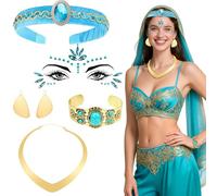 Set di 6 accessori per costume da principessa di gelsomino arabo Aladdin include copricapo bracciale, collana, orecchini adesivi per il viso per donne ragazze cosplay travestimento carnevale Halloween