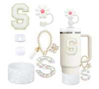 Set di 6 accessori per tazza Stanley Cup da 30 oz 40 oz con maniglia, include copertura in silicone per topper, tappo e barca, tappo a prova di spillo, ciondolo per iniziali (bianco L) (bianco S)