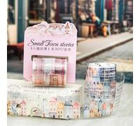 Set di 6 adesivi per scrapbooking, con bullet inglese, accessori per diario, Town Scenery Themed Washi PET Tape Aesthetic Stickers Decorative for Journal Accessori,Notebook,Photo Album (Small Town