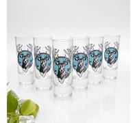 Set di 6 bicchieri da liquore - Design testa di cervo - 6,5 cl con 2 cl & 4 cl tacca - a scelta puro o misto colorato - Idea regalo per feste e amici, uomini e donne, cervo celeste GTK27.30.43