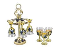Set di 6 Bicchieri da Vino Calice, Bicchieri da Liquore in Rilievo Vintage, Bicchierini da Liquore, per Feste, Banchetti, Bar, Regali di Nozze di Famiglia (Oro Blu)