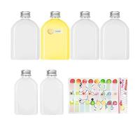 Set di 6 bottiglie di succo trasparenti (100 ml + 200 ml), 1 adesivo di frutta, contenitore per bevande piatte, bottiglia vuota con coperchio in alluminio, bottiglia trasparente