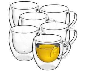 Set di 6 Cadax a Doppia Tazza di Vetro meritata, 250 ml, Bicchiere con Ampia Presa, Bicchiere da Bere per Succo, tè, caffè, Cappuccino, Acqua, tè Freddo, Ghiaccio, Vetro Universale, Bicchiere
