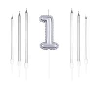 Set di 6 candele lunghe per compleanno, colore argento, perfette per feste di primo compleanno e altro ancora