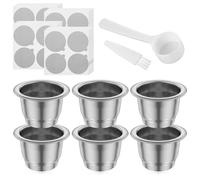 Set di 6 capsule da caffè riutilizzabili in acciaio inox, 37 x 24 mm, facile da usare con spazzola, ricaricabile, filtro di ricambio con cucchiaio, capsule per caffè espresso per Nes.presso Essen.za